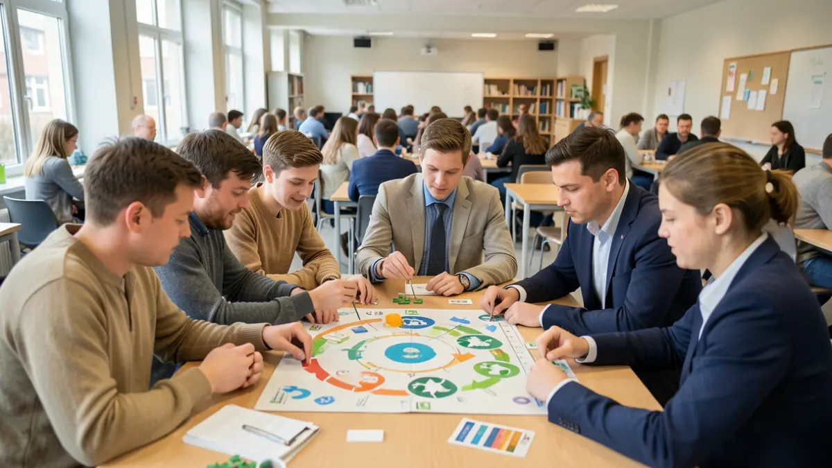 Des étudiants collaborent autour d'une table en jouant à un jeu de société simulant la gestion d'entreprise, avec des éléments d'économie circulaire. La scène se déroule dans une salle de classe moderne en Wallonie.