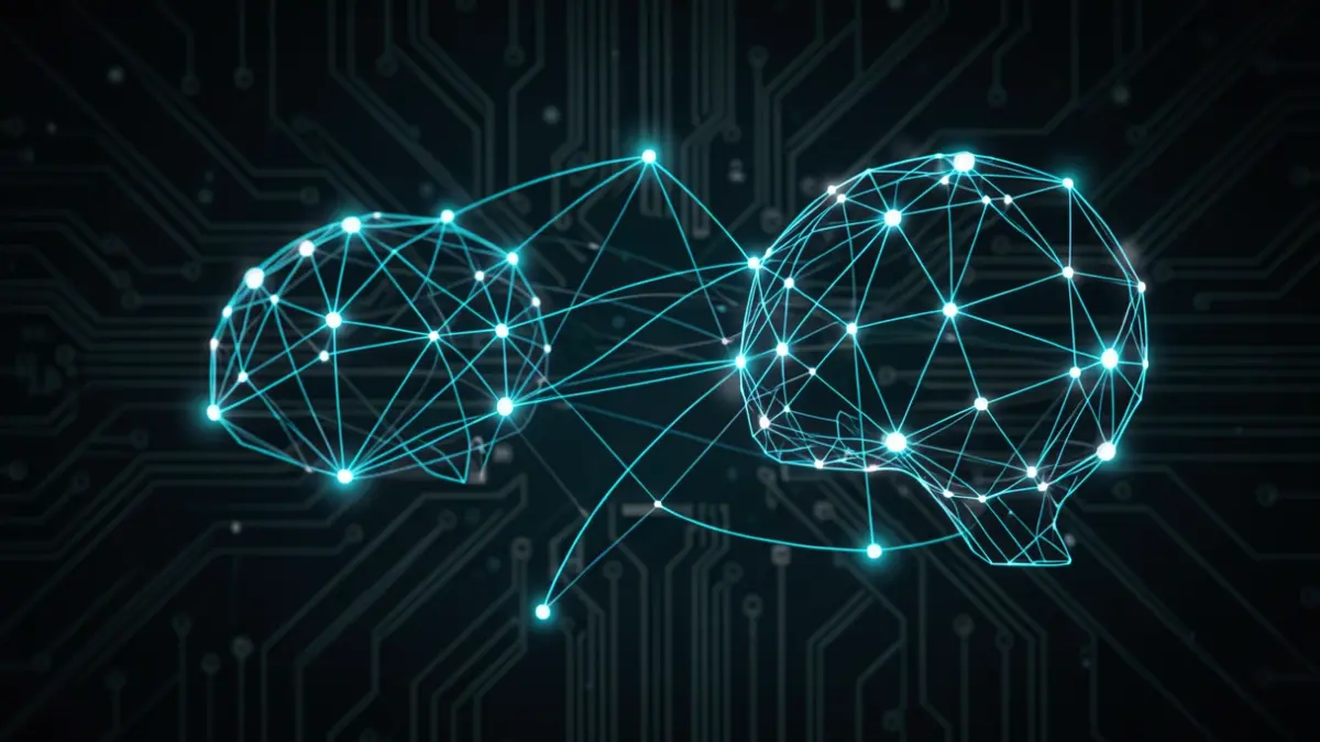Image générique de représentations abstraites d'agents d'intelligence artificielle communiquant avec des nœuds lumineux et des lignes de connexion sur fond sombre.