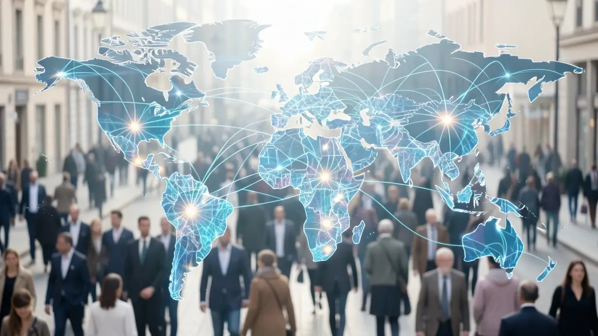 Image générique de flux d'investissement mondiaux stylisés, avec des lignes connectant des continents et des nœuds lumineux représentant l'activité financière.